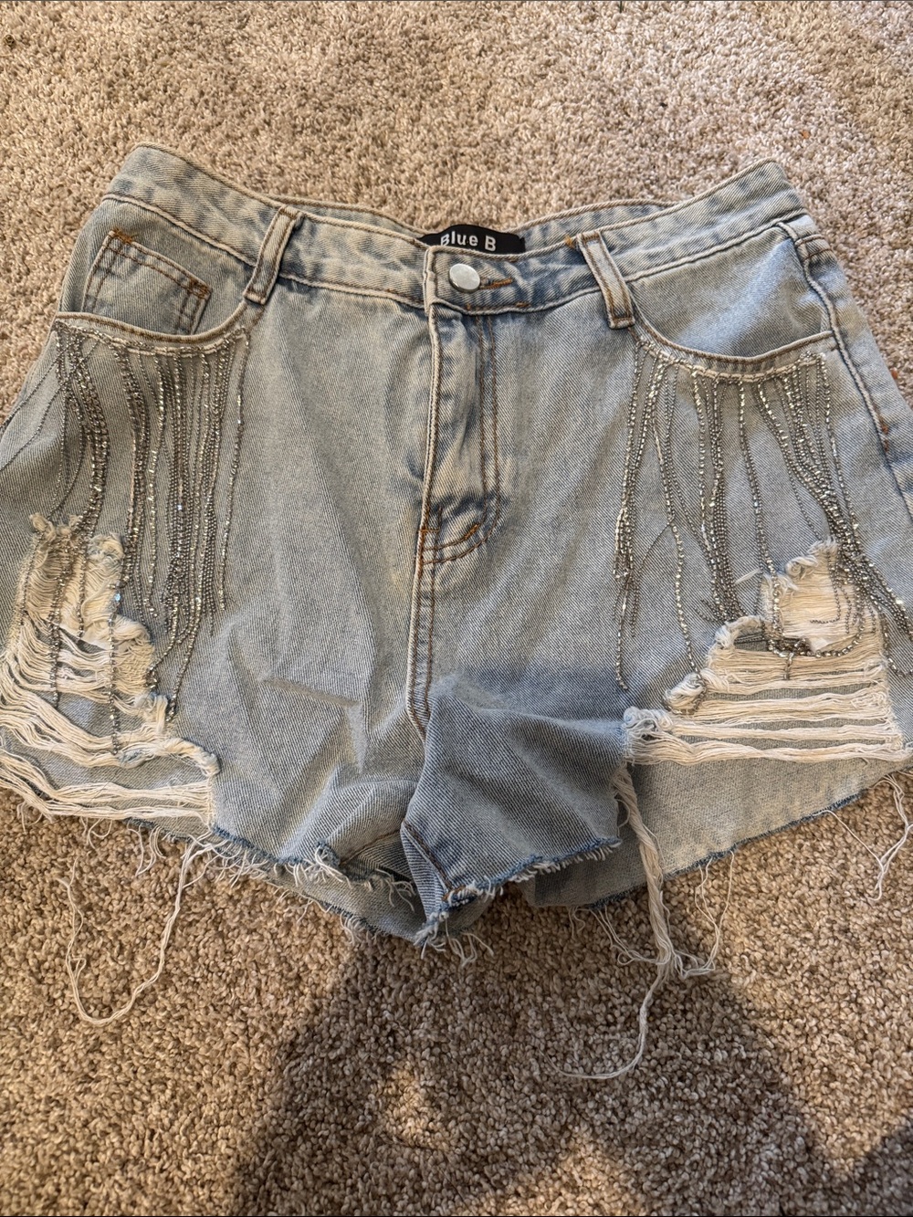 Blue B collection | Light Wash Distressed Denim Shorts with Fringe Beading